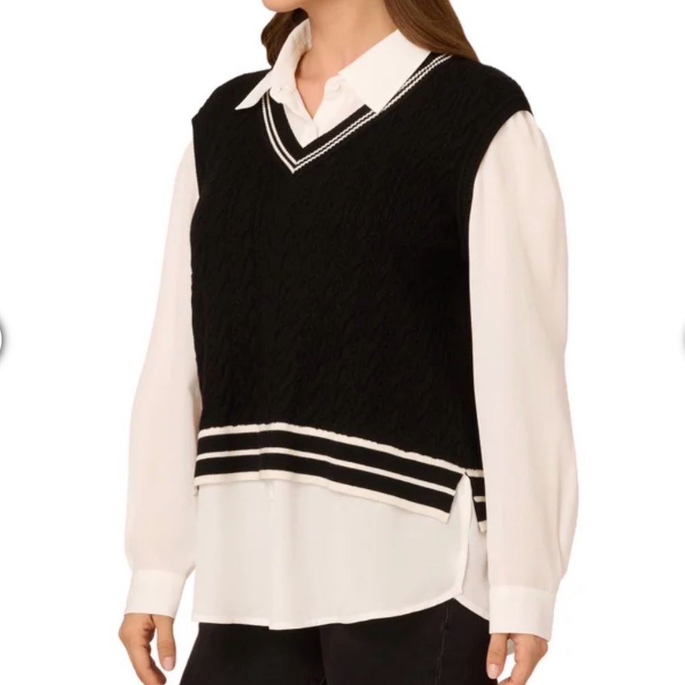 Adrianna Papell Women's Twofer Sweater Vest Blouse BLACK Size Large Fits 12-14 - Picture 2 of 7